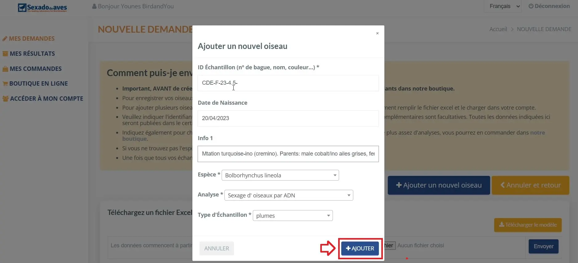 Sexage ADN: Remplir les information de l'oiseau